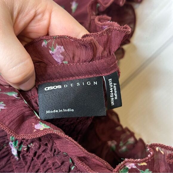 BNWT ASOS Maternity Burgundy Floral Print Milkmaid Long Sleeve Midi Dress Sz 12 - Picture 10 of 13